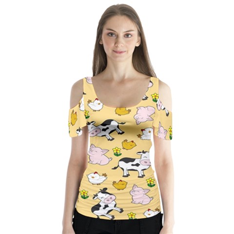 The Farm Pattern Butterfly Sleeve Cutout Tee  by Valentinaart