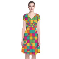 Abstract Background Abstract Short Sleeve Front Wrap Dress