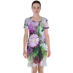 Flowers Roses Bouquet Art Nature Short Sleeve Nightdress