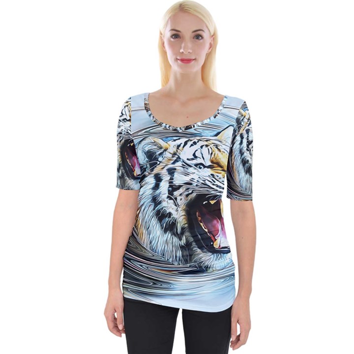 Tiger Animal Art Swirl Decorative Wide Neckline Tee