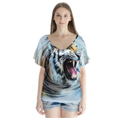 Tiger Animal Art Swirl Decorative V-neck Flutter Sleeve Top by Nexatart