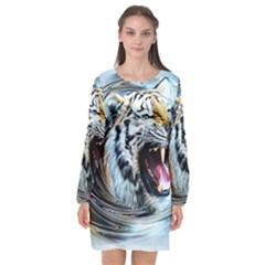 Tiger Animal Art Swirl Decorative Long Sleeve Chiffon Shift Dress 