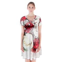 Flowers Roses Bouquet Art Nature Short Sleeve V-neck Flare Dress by Nexatart