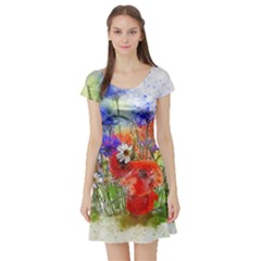 Flowers Bouquet Art Nature Short Sleeve Skater Dress