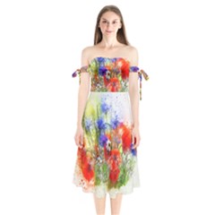 Flowers Bouquet Art Nature Shoulder Tie Bardot Midi Dress by Nexatart