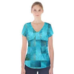 Background Squares Blue Green Short Sleeve Front Detail Top by Nexatart