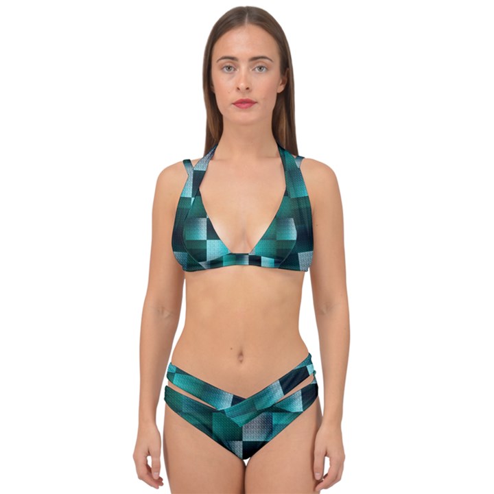 Background Squares Metal Green Double Strap Halter Bikini Set