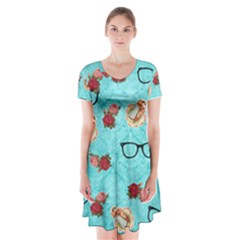 Vintage Glasses Blue Short Sleeve V-neck Flare Dress