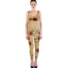 Vintage Glasses Beige One Piece Catsuit