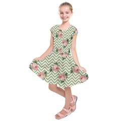 Green Chevron Rose Kids  Short Sleeve Dress