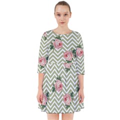 Green Chevron Rose Smock Dress