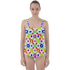 Multicolored Circles Motif Pattern Twist Front Tankini Set