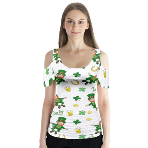St Patricks Day Pattern Butterfly Sleeve Cutout Tee  by Valentinaart