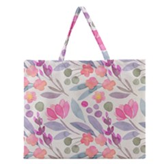 Purple And Pink Cute Floral Pattern Zipper Large Tote Bag