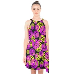 Neon Yellow And Hot Pink Circles Halter Collar Waist Tie Chiffon Dress by PodArtist