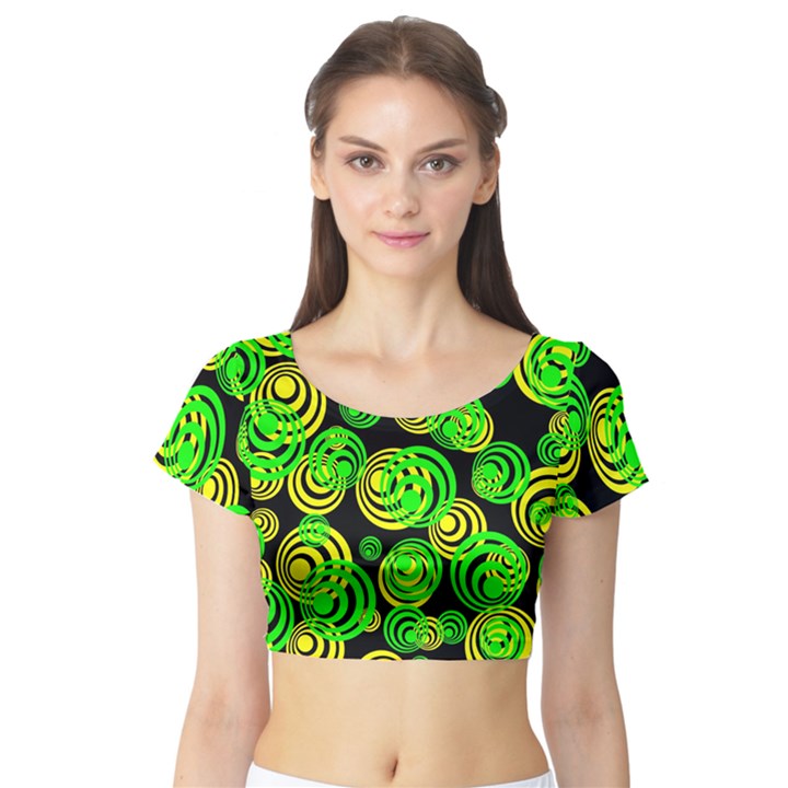 Neon yellow and Green Circles on Black Short Sleeve Crop Top