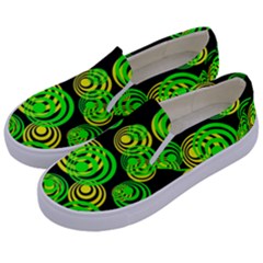 Neon Yellow And Green Circles On Black Kids  Canvas Slip Ons by PodArtist