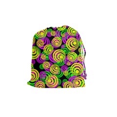 Bright Yellow Pink And Green Neon Circles Drawstring Pouches (medium)  by PodArtist