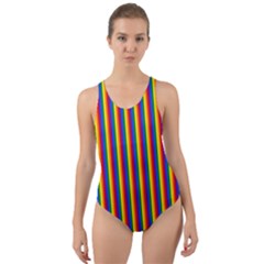 Vertical Gay Pride Rainbow Flag Pin Stripes Cut-out Back One Piece Swimsuit by PodArtist