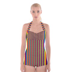 Vertical Gay Pride Rainbow Flag Pin Stripes Boyleg Halter Swimsuit 