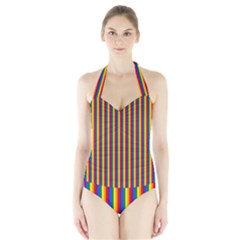 Vertical Gay Pride Rainbow Flag Pin Stripes Halter Swimsuit by PodArtist