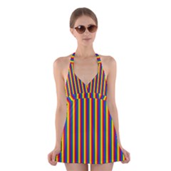 Vertical Gay Pride Rainbow Flag Pin Stripes Halter Dress Swimsuit 