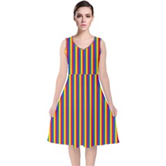 Vertical Gay Pride Rainbow Flag Pin Stripes V-Neck Midi Sleeveless Dress 