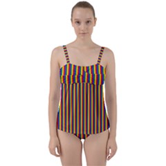 Vertical Gay Pride Rainbow Flag Pin Stripes Twist Front Tankini Set by PodArtist