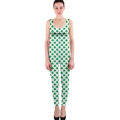 Green Shamrock Clover On White St  Patrick s Day One Piece Catsuit by PodArtist