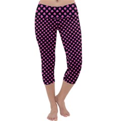 Small Hot Pink Irish Shamrock Clover On Black Capri Yoga Leggings by PodArtist