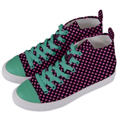 Small Hot Pink Irish Shamrock Clover On Black Women s Mid-top Canvas Sneakers by PodArtist