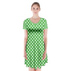 White Heart-shaped Clover On Green St  Patrick s Day Short Sleeve V-neck Flare Dress by PodArtist