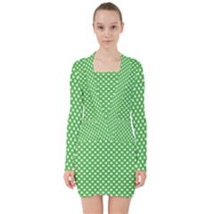 White Heart-shaped Clover On Green St  Patrick s Day V-neck Bodycon Long Sleeve Dress by PodArtist