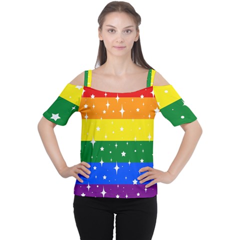 Sparkly Rainbow Flag Cutout Shoulder Tee by Valentinaart