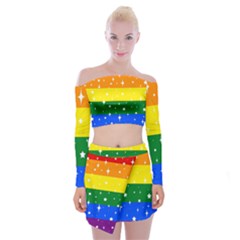 Sparkly Rainbow Flag Off Shoulder Top with Mini Skirt Set