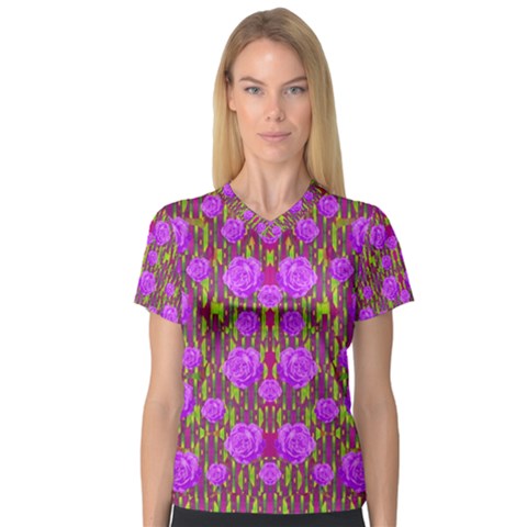 Roses Dancing On A Tulip Field Of Festive Colors V-neck Sport Mesh Tee by pepitasart