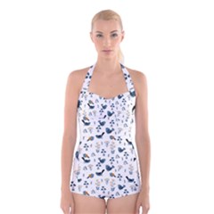 Spring Flowers And Birds Pattern Boyleg Halter Swimsuit 