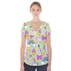 Cute Unicorn Pattern Short Sleeve Front Detail Top by Valentinaart