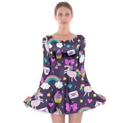 Cute Unicorn Pattern Long Sleeve Skater Dress by Valentinaart