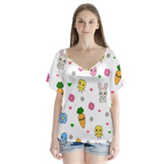 Easter Kawaii Pattern V-neck Flutter Sleeve Top by Valentinaart