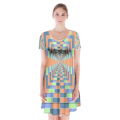 Fabric 3d Color Blocking Depth Short Sleeve V-neck Flare Dress