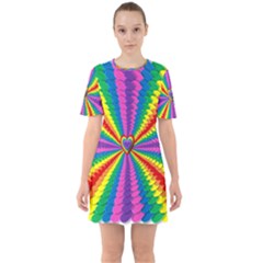 Rainbow Hearts 3d Depth Radiating Sixties Short Sleeve Mini Dress