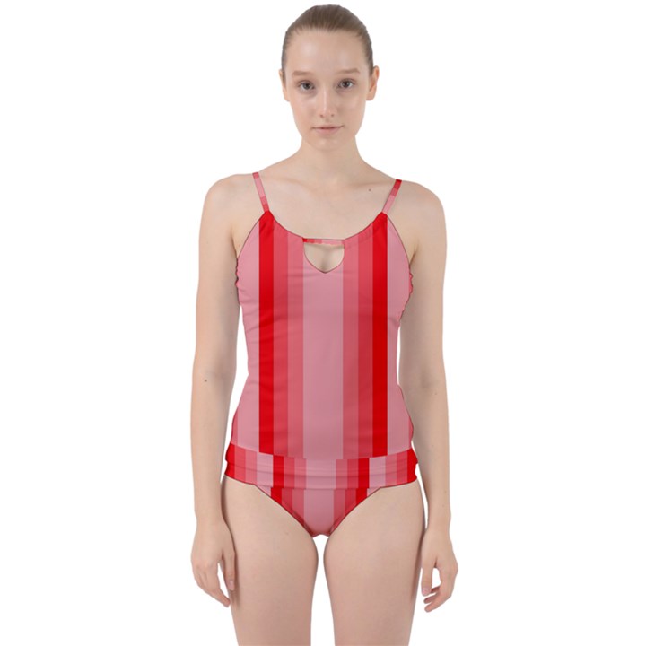 Red Monochrome Vertical Stripes Cut Out Top Tankini Set