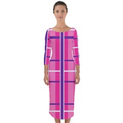 Gingham Hot Pink Navy White Quarter Sleeve Midi Bodycon Dress