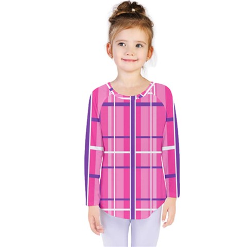 Gingham Hot Pink Navy White Kids  Long Sleeve Tee by Nexatart