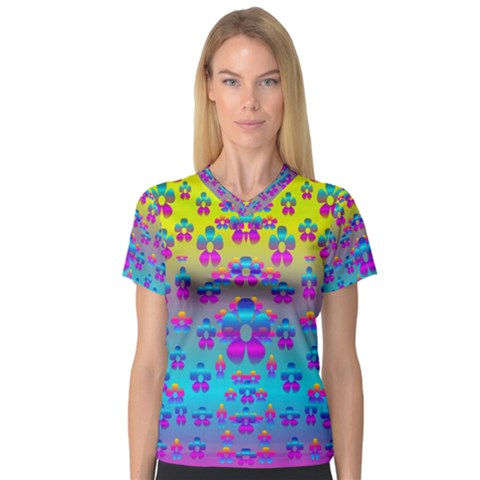 Flowers In The Most Beautiful Sunshine V-neck Sport Mesh Tee by pepitasart
