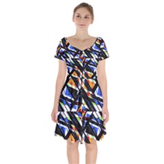 Multicolor Geometric Abstract Pattern Short Sleeve Bardot Dress by dflcprints
