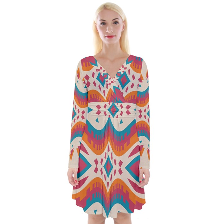 Symmetric distorted shapes                                 Long Sleeve Front Wrap Dress