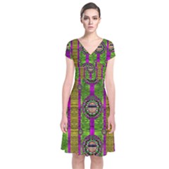 Sunset Love In The Rainbow Decorative Short Sleeve Front Wrap Dress by pepitasart