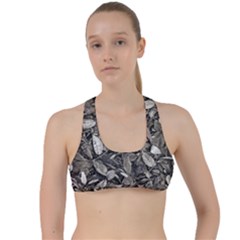 Black And White Leaves Pattern Criss Cross Racerback Sports Bra by dflcprints